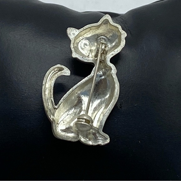 Vintage Silver Cat Pin Brooch Rhinestone Collar - Picture 3 of 3